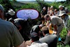 Rangers in a National Park fitting a rhino with a tracking bracelet to facilitate monitoring its movements.