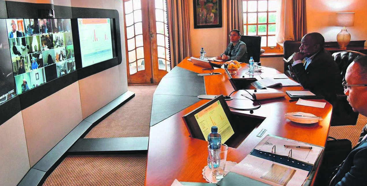 President Cyril Ramaphosa chairing a virtual meeting of the national command council from his official residence Mahlamba Ndlopfu. The council meets three times per week and assesses the efficacy of the national lockdown that came into effect on Friday 27 March 2020. Picture: Jairus Mmutle