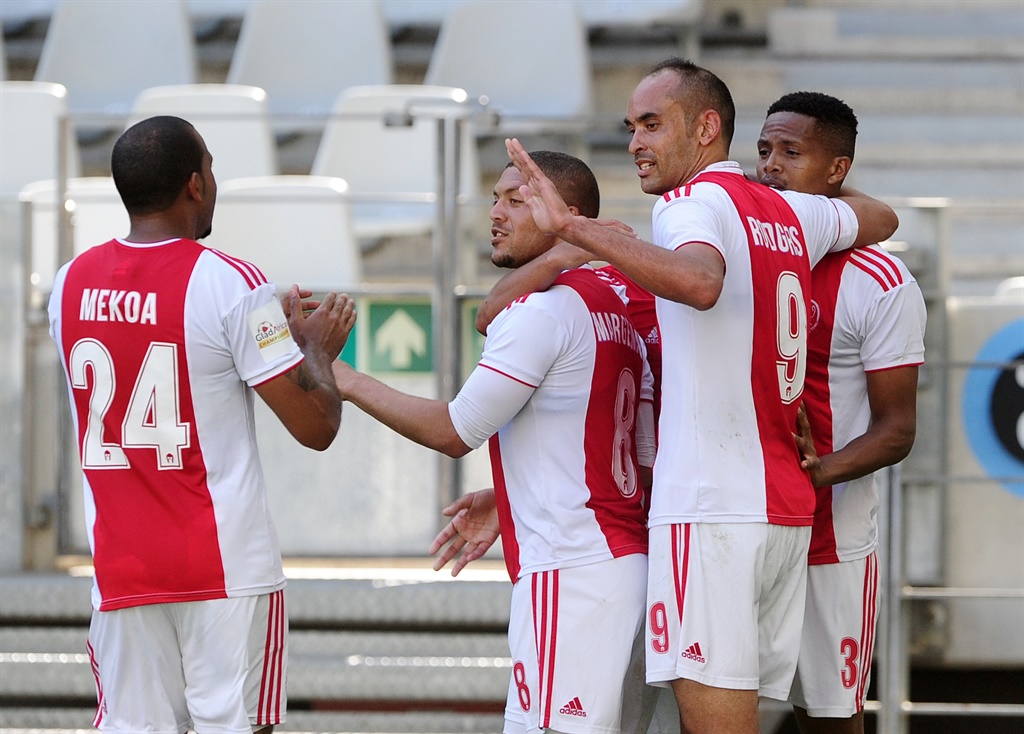 Ajax Cape Town players celebrate a goal scored by Cohen Stander during the GladAfrica Championship 2019/20 game between Ajax Cape Town and Real Kings  at Cape Town Stadium on 17 February 2020 