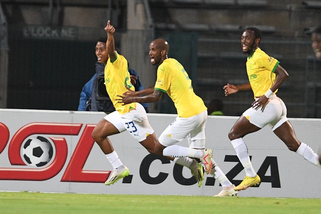PRETORIA, SOUTH AFRICA - NOVEMBER 29: Lucas Ribeiro Costa of Mamelodi Sundowns celebrates his goal with teammates during the DStv Premiership match between SuperSport United and Mamelodi Sundowns at Lucas Masterpieces Moripe Stadium on November 29, 2023 in Pretoria, South Africa. (Photo by Lefty Shivambu/Gallo Images)