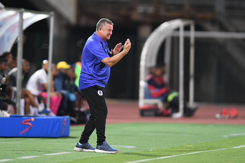 PRETORIA, SOUTH AFRICA - NOVEMBER 29: SuperSport United coach Gavin Hunt during the DStv Premiership match between SuperSport United and Mamelodi Sundowns at Lucas Masterpieces Moripe Stadium on November 29, 2023 in Pretoria, South Africa. (Photo by Lefty Shivambu/Gallo Images)