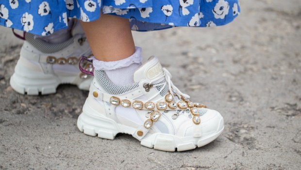 White Gucci rhinestones sneakers.  Photo by Matthew Sperzel