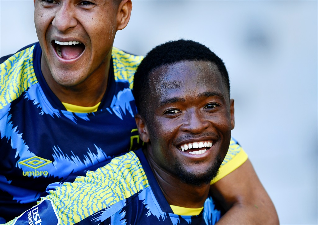 CAPE TOWN, SOUTH AFRICA - DECEMBER 31: Relebogile Mokhuoane of Cape Town City celebrates after scoring a goal during the DStv Premiership match between Cape Town Spurs and Cape Town City FC at DHL Cape Town Stadium on December 31, 2023 in Cape Town, South Africa. (Photo by Ashley Vlotman/Gallo Images)
