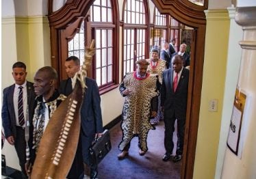 Chairperson of the National House of Traditional Leader Sipho Mahlangu and President Cyril Ramaphosa on their way to the Old Assembly Chamber, where Ramaphosa addressed the traditional leaders on Tuesday. (Jan Gerber/News24)