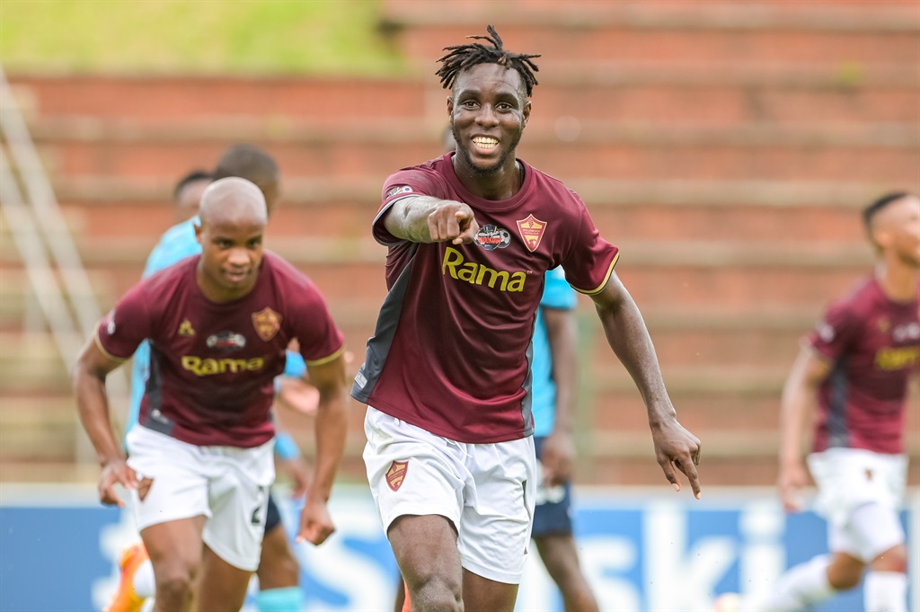 DURBAN, SOUTH AFRICA - DECEMBER 02: Anicet Oura of Stellenbosch FC celebrates scoring during the Carling Knockout, semi-final match between Richards Bay and Stellenbosch FC at King Zwelithini Stadium on December 02, 2023 in Durban, South Africa. (Photo by Darren Stewart/Gallo Images)