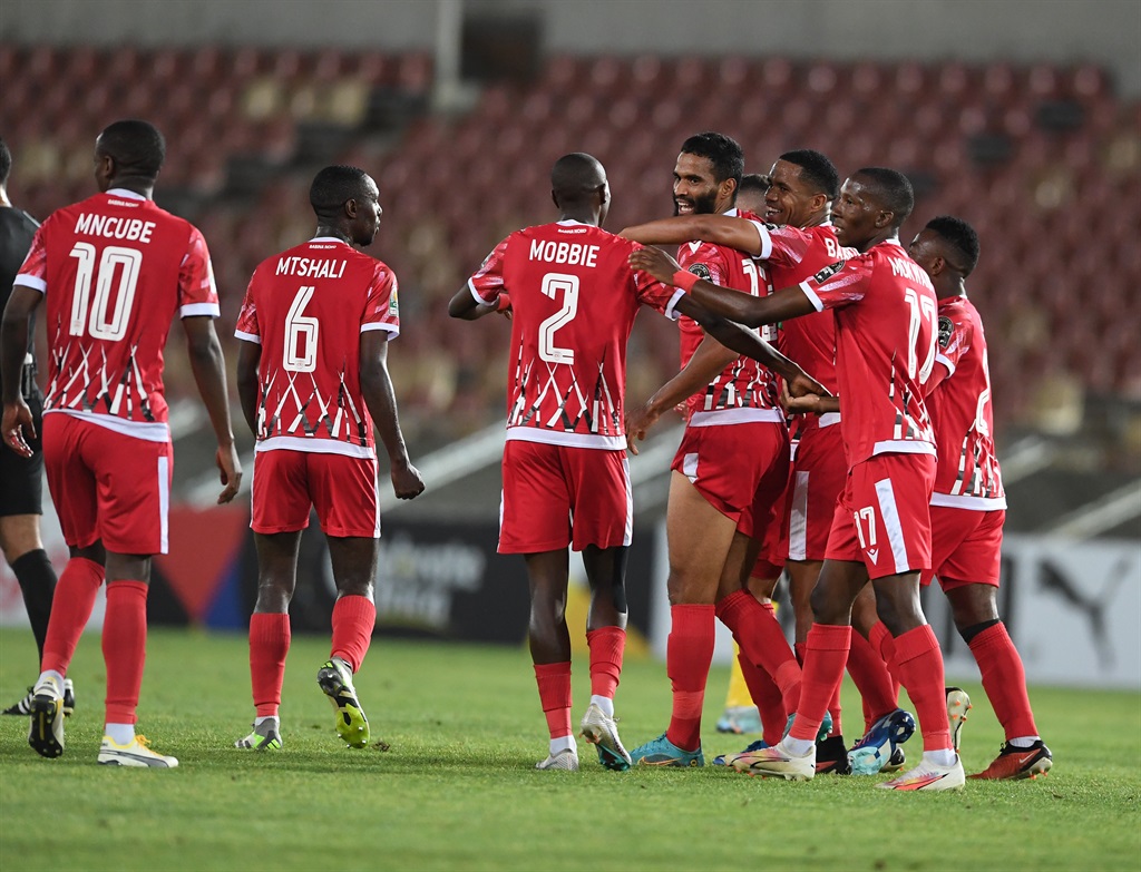 POLOKWANE, SOUTH AFRICA - DECEMBER 03: Daniel Gardoso of Sekhukhune United celebrates goal with team mates during the CAF Confederation Cup match between Sekhukhune United and Diables Noirs at Peter Mokaba Stadium on December 03, 2023 in Polokwane, South Africa. (Photo by Philip Maeta/Gallo Images)