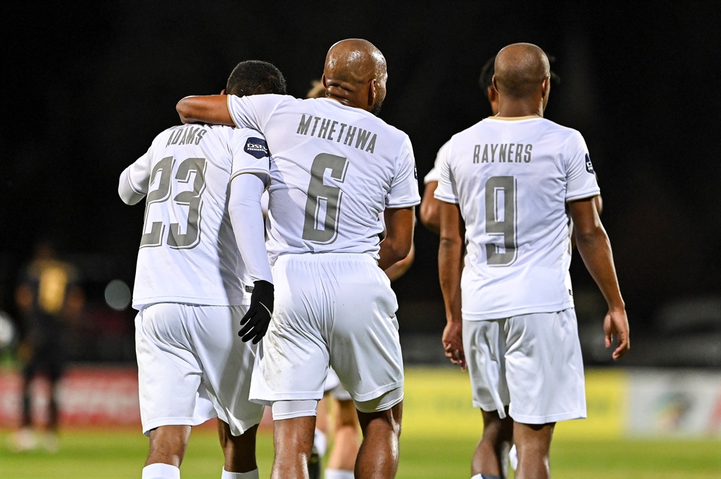 Jayden Adams of Stellenbosch FC celebrates scoring during the DStv Premiership match between Royal AM and Stellenbosch FC at Harry Gwala Stadium on August 18, 2023 in Pietermaritzburg, South Africa. 