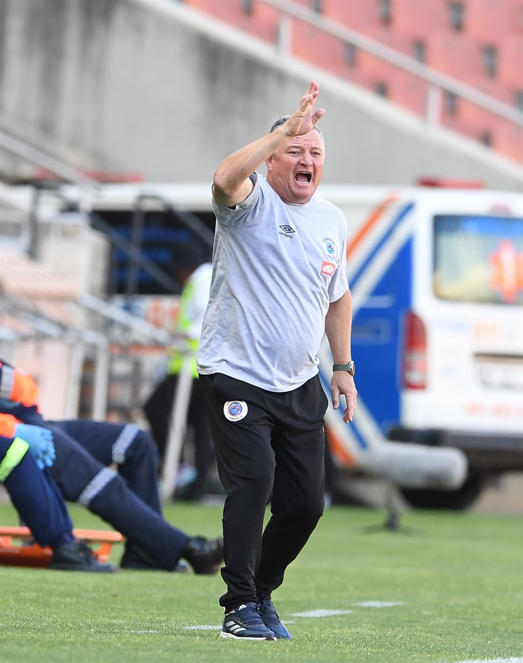 POLOKWANE, SOUTH AFRICA - DECEMBER 03: Gavin Hunt coach of SuperSport United during the CAF Confederation Cup match between SuperSport United and USMA at Peter Mokaba Stadium on December 03, 2023 in Polokwane, South Africa. (Photo by Philip Maeta/Gallo Images)