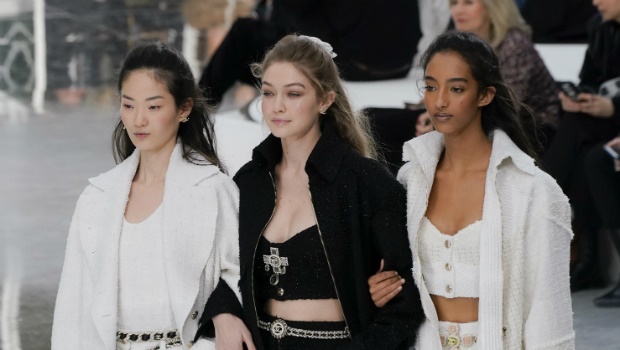 HyunJi Shin, Gigi Hadid and Mona Tougaard walk the runway during the Chanel as part of the Paris Fashion Week Womenswear Fall/Winter 2020/2021 on March 03, 2020 in Paris, France. Photo by Peter White/Getty Images