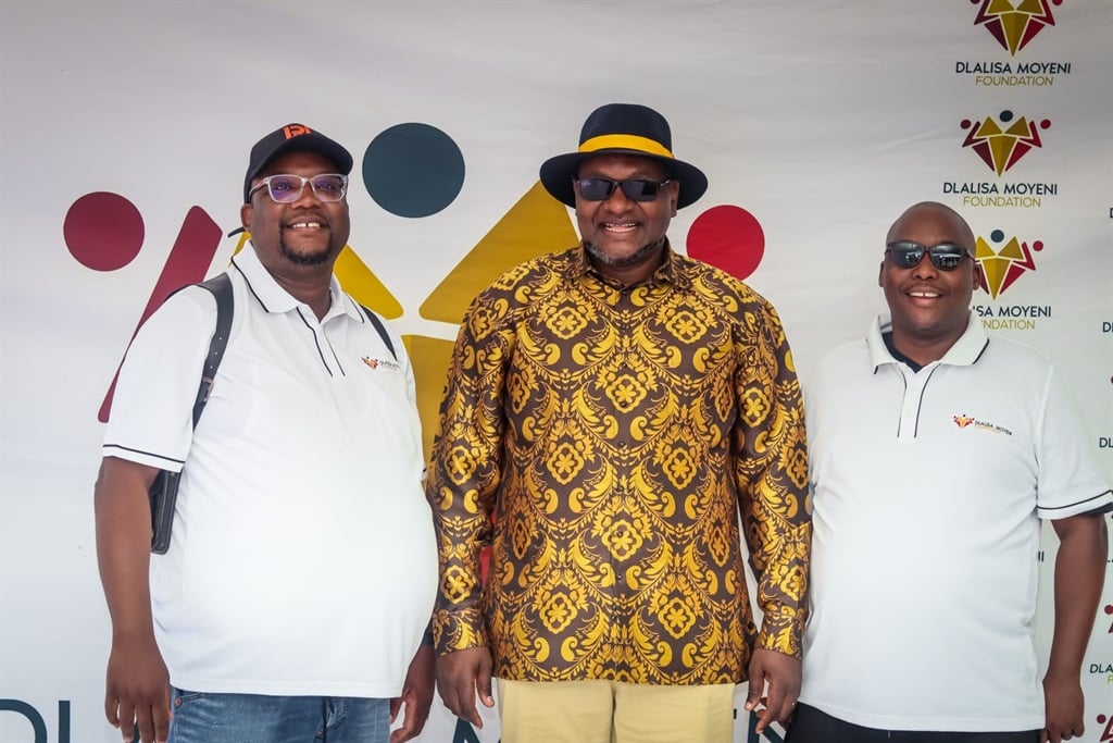 Themba Masango, NOT IN MY NAME international outreach programme head, with former Gauteng premier David Makhura and actors supporting 16 days of activism at an event on Thursday