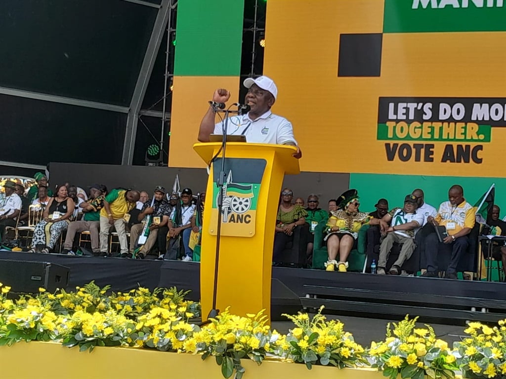 ANC president Cyril Ramaphosa speaking at the party's manifesto launch at Moses Mabhida Stadium in Durban.  Photo by Mbali Dlungwana