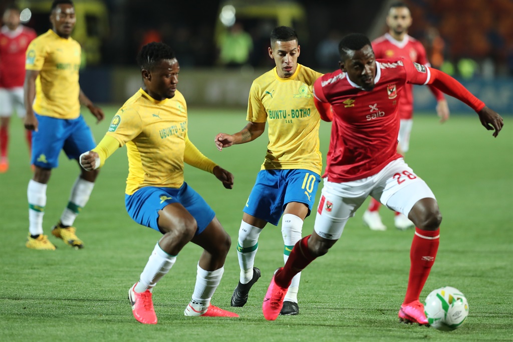 Mamelodi Sundowns players Gaston Sirino and Motjeka Madisha  playing against Al Ahly 