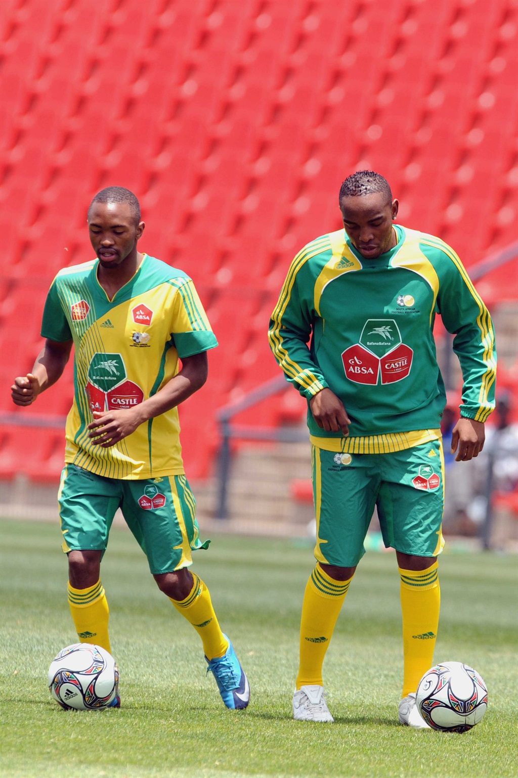 Bernard Parker and Benni McCarthy during the Bafana Bafana training session at the Rand Stadium on 10 November 2009 in Johannesburg, South Africa.