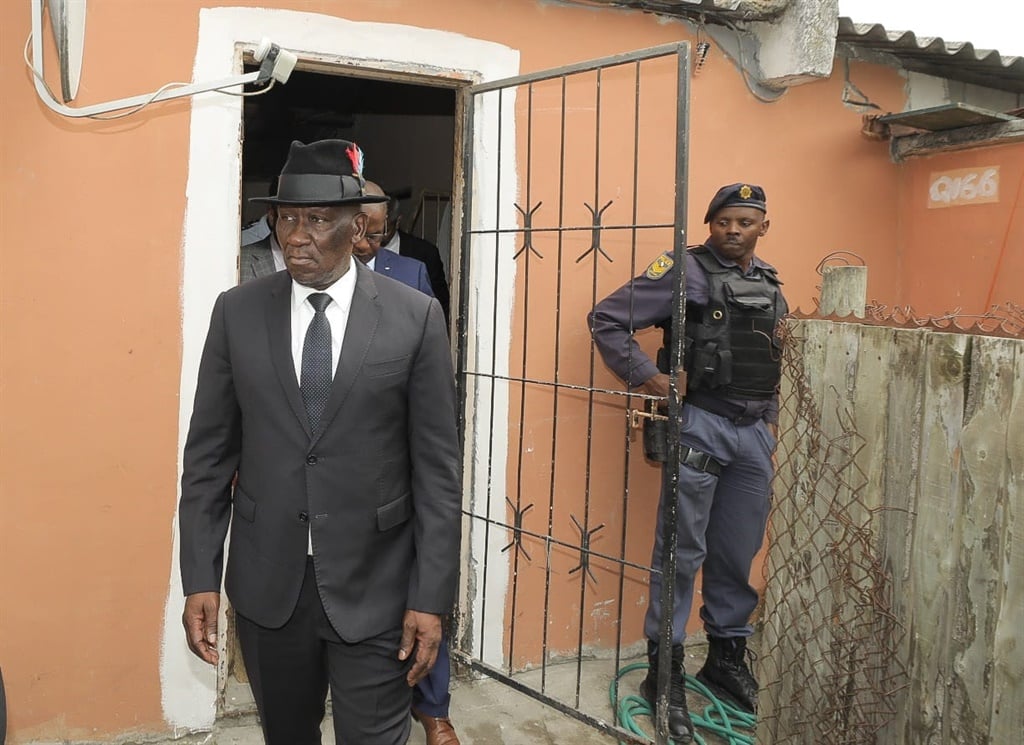 Police Minister Bheki Cele visits the scene where seven people were shot dead in Khayelitsha.