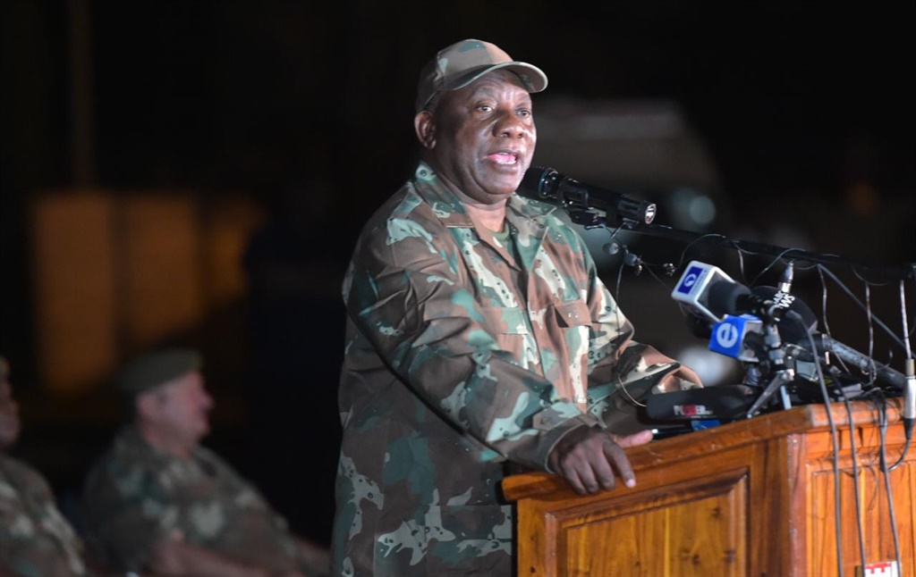  President Cyril Ramaphosa addressed members of the SA National Defence Force (SANDF) on the eve of the lockdown in March. Picture: GCIS