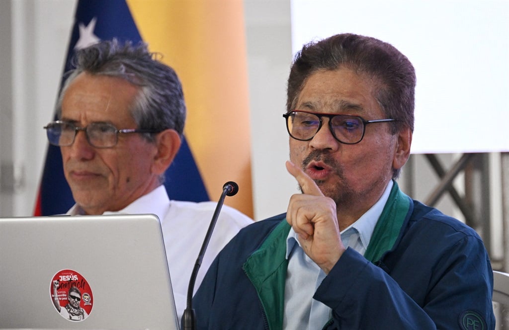 Segunda Marquetalia FARC dissident group leader, Ivan Marquez, delivers a speech during the inauguration of peace talks with Colombian government in Caracas on 23 June (Federico PARRA / AFP)