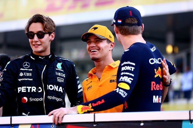 (L-R) George Russell (Mercedes), Lando Norris (McLaren), and Max Verstappen (Red Bull) - (Clive Rose/Getty Images)