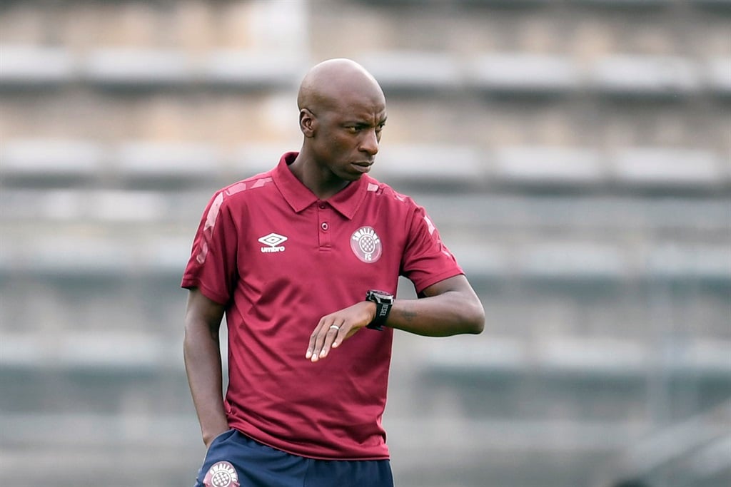 PRETORIA, SOUTH AFRICA - OCTOBER 30: Swallows FC coach Musa Nyatama during the DStv Premiership match between SuperSport United and Swallows FC at Lucas Moripe Stadium on October 30, 2022 in Pretoria, South Africa. (Photo by Lefty Shivambu/Gallo Images)