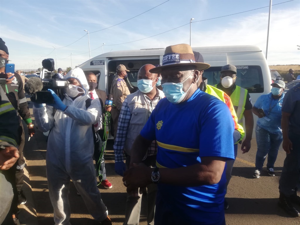 Police Minister Bheki Cele takes part in a joint law enforcement operation in Krugersdorp on the first day of lockdown Level 4. (News24, Azarrah Karrim)