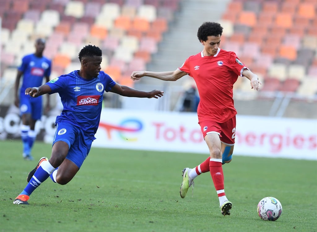POLOKWANE, SOUTH AFRICA - FEBRUARY 25: Mohamed Mohamed Ali of Future FC and Phathutshedzo Nange of SuperSport United during the CAF Confederation Cup match between SuperSport United and Future FC at Peter Mokaba Stadium on February 25, 2024 in Polokwane, South Africa. (Photo by Philip Maeta/Gallo Images)