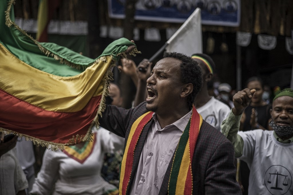 A supporter of the Ethiopian Citizen for Social Justice party waves a flag.