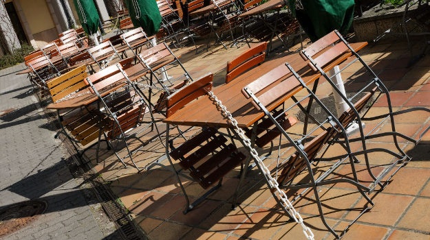 BERLIN: Unoccupied tables and chairs from closed cafes and restaurants can be seen in the Nikolai quarter in Propststraße. (Jens Kalaene/dpa-Zentralbild/ZB (Photo by Jens Kalaene/picture alliance via Getty Images)