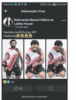 The screenshot of a Facebook post that actor Zakhele ‘Bra Nkebs’ Msibi is no more. 