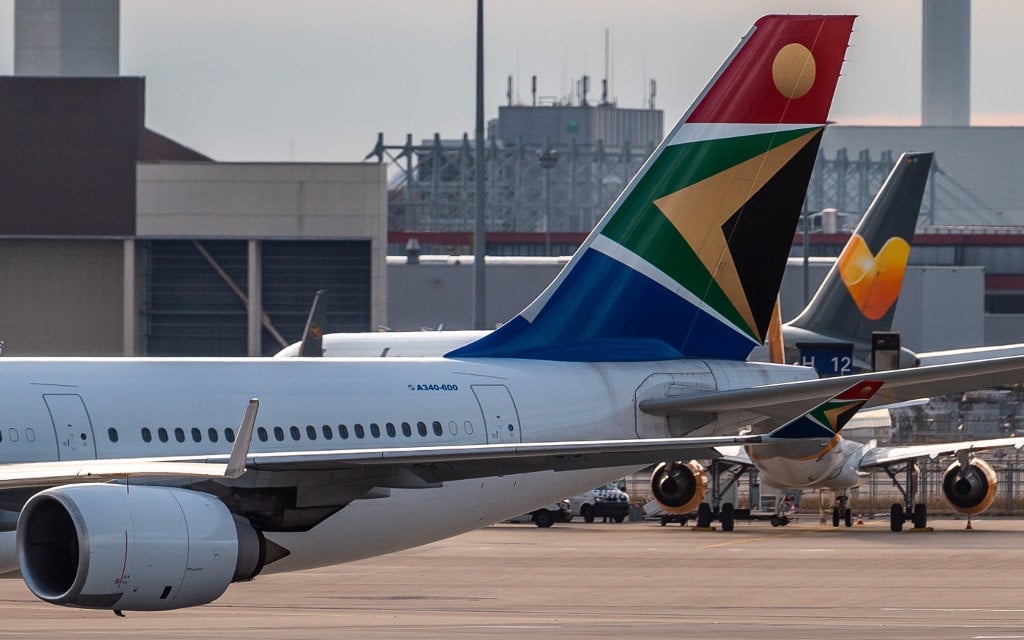 A South African Airways aircraft on the apron of Frankfurt Airport in 2018.