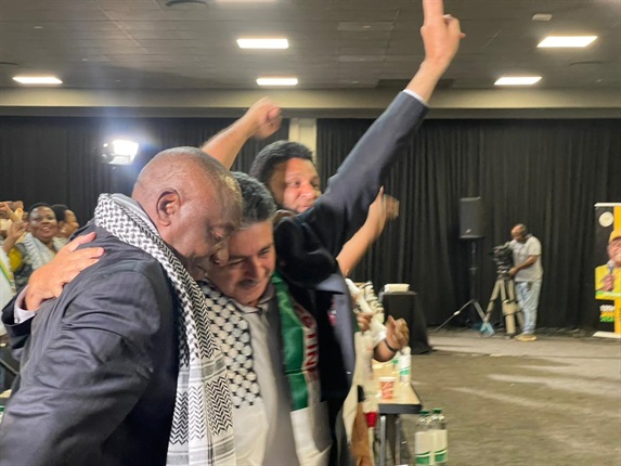 <p>After a tense hour, it was hugs and kisses inside the ANC NEC meeting venue following an ICJ verdict that found that there was indeed a prima facie case of genocide against Israel and urgency in the matter. Palestinian representatives hugged and kissed President Cyril Ramaphosa in visible relief and excitement.</p><p><em>- Siyamtanda Capa</em></p>