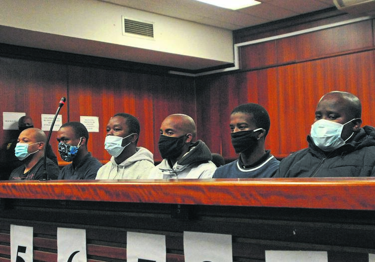 Mlungisi Thabethe, Andile Nhleko, Mcedisi Mzobe, Siyanda Msweli, Lindani Ndlovu and Malusi Mthembu appeared in the Verulam Magistrates Court in connection with the kidnapping and murder of Bobo Mbuthu.                         Photo by Jabulani Langa