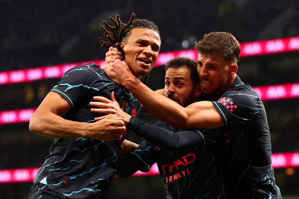 LONDON, ENGLAND - JANUARY 26: Nathan Ake of Manchester City celebrates scoring the opening goal during the Emirates FA Cup Fourth Round match between Tottenham Hotspur and Manchester City at Tottenham Hotspur Stadium on January 26, 2024 in London, England. (Photo by Chris Brunskill/Fantasista/Getty Images)