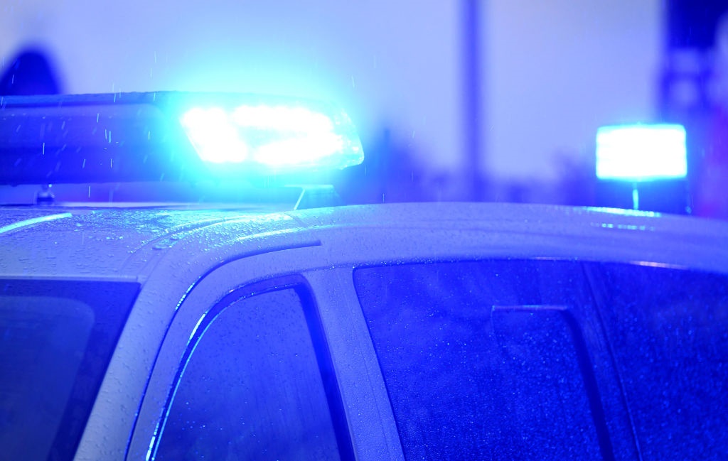 Blue lights on a police vehicle. 