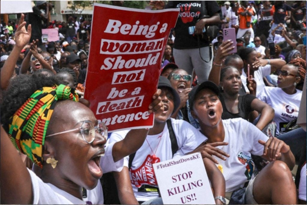 Activists shout as they demonstrate in the Central Business District against an alarming rise in murders of young women in Nairobi on January 27, 2024.