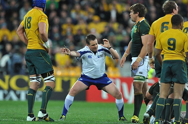 Bryce Lawrence in action during the Rugby World Cup quarter-final match between South Africa and Australia in Wellington on 9 October 2011 (Photo: Duif du Toit/Gallo Images) 