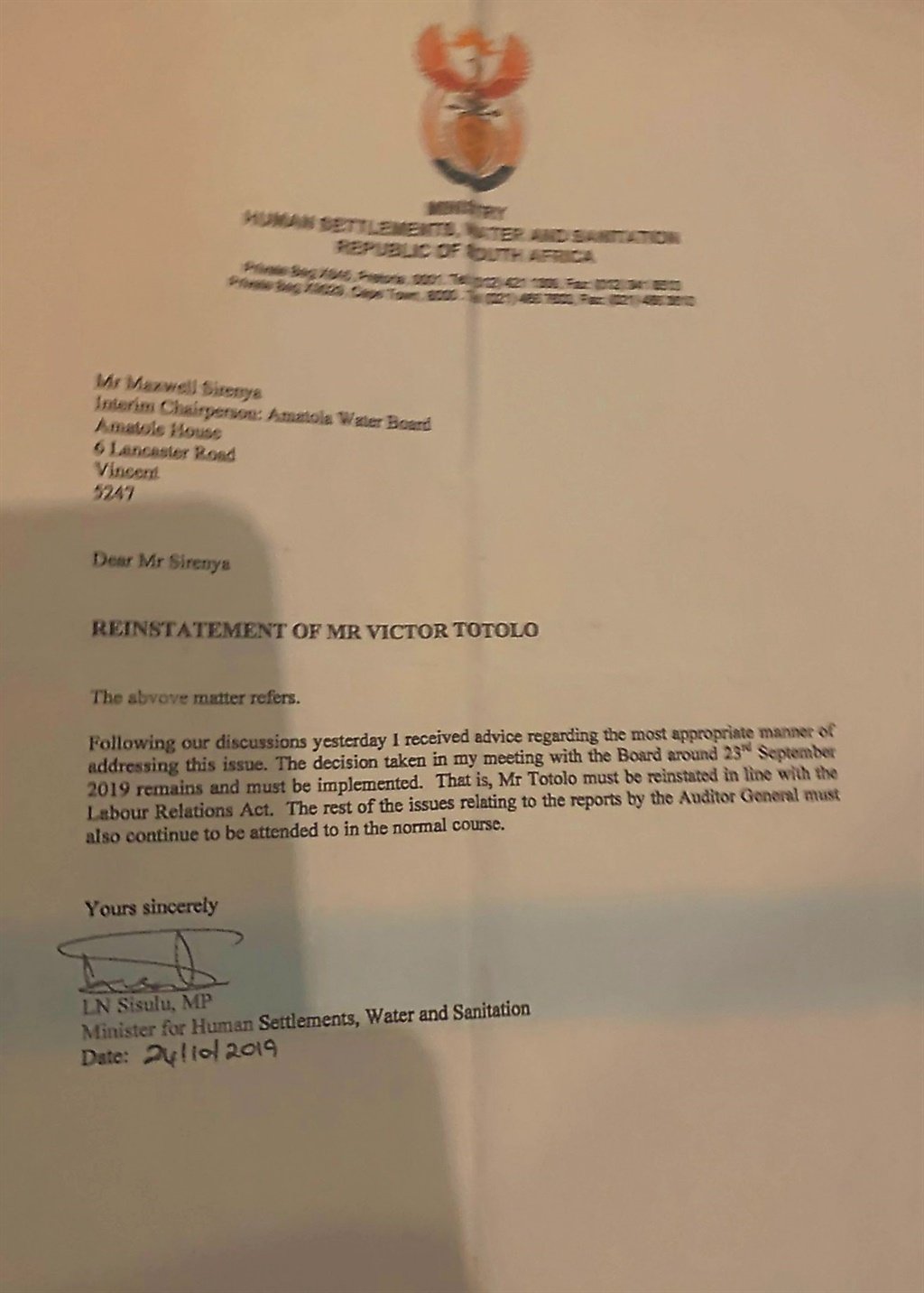 A letter on the reinstatement of Totolo