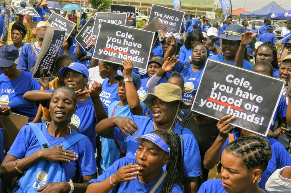 DA members dancing and singing during a crime awareness rally outside the Soshanguve Police Station in Tshwane. Photos by Raymond Morare