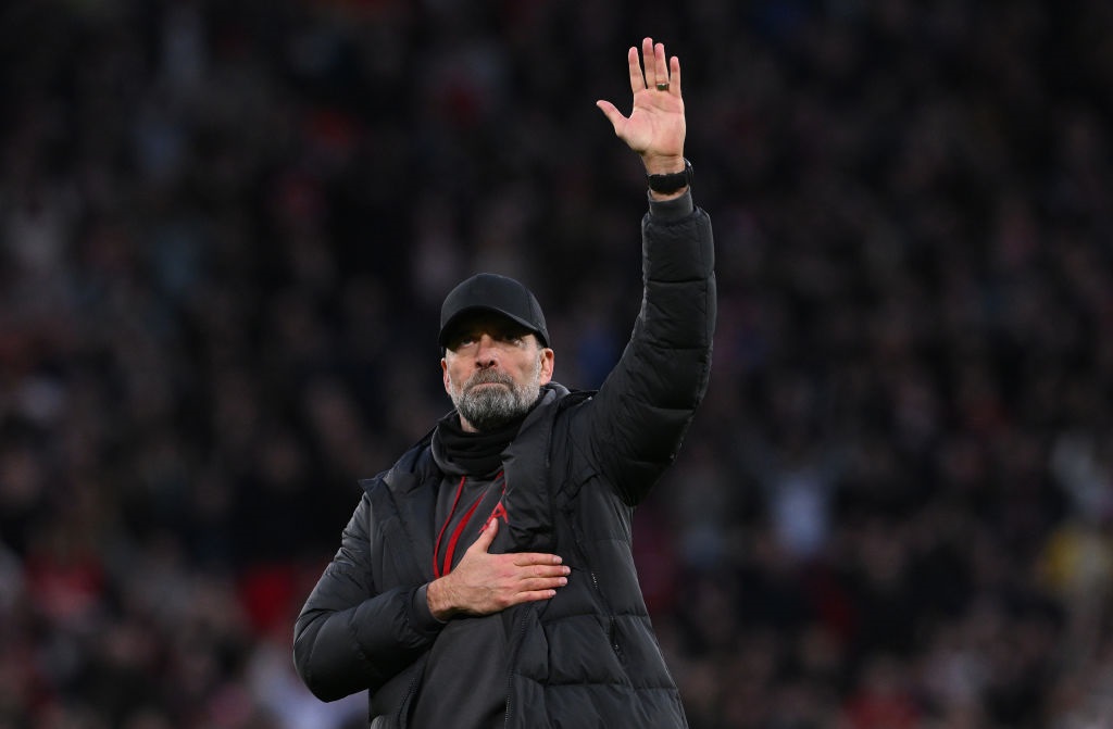 MANCHESTER, ENGLAND - MARCH 17: Liverpool manager Jurgen Klopp salutes the Liverpool fans after the Emirates FA Cup Quarter Final match between Manchester United and Liverpool at Old Trafford on March 17, 2024 in Manchester, England. (Photo by Stu Forster/Getty Images)
