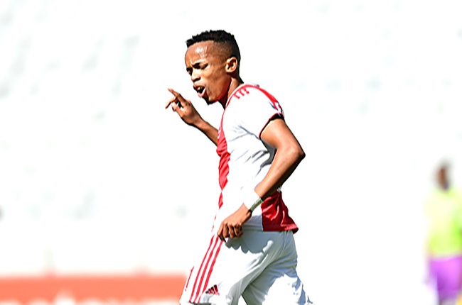 Abednigo Mosiatlhaga of Ajax celebrates after scoring a goal during the GladAfrica Championship match between Ajax Cape Town and Real Kings at Cape Town Stadium on February 17, 2020 in Cape Town, South Africa.
