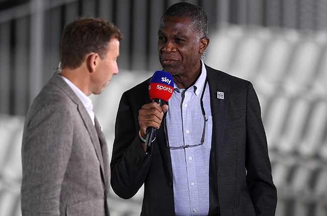 Michael Holding speaks to Sky Sports colleague Michael Atherton prior to Day 1 of the second Test between England and the West Indies at Old Trafford in Manchester on 16 July 2020.