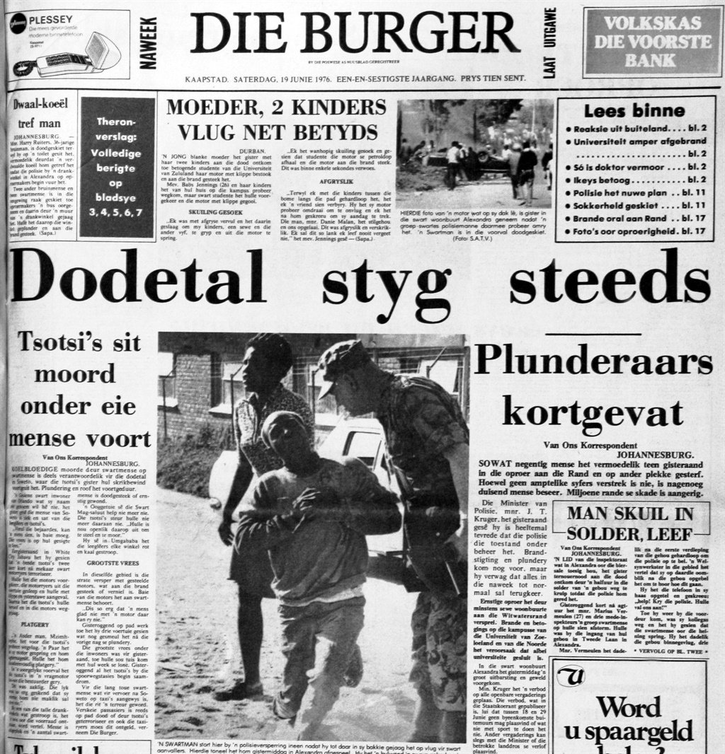 Front page story of Afrikaans newspaper Die Burger