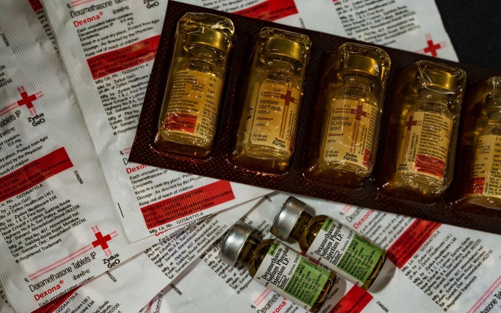 A photo illustration of a box of Dexamethasone drugs in Tehatta, India on June 17, 2020. 