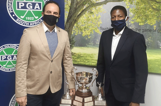 Ivano Ficalbi (left), chief executive of the PGA of South Africa, welcomes Jimmy Headbush, founder and Managing Director of Endaweni Media, as the promoter of the PGA Championship