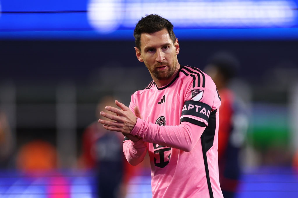 FOXBOROUGH, MASSACHUSETTS - APRIL 27: Lionel Messi #10 of Inter Miami reacts in the game against the New England Revolution during the first half at Gillette Stadium on April 27, 2024 in Foxborough, Massachusetts. (Photo by Maddie Meyer/Getty Images)