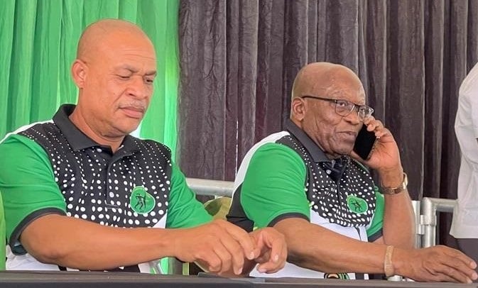 Jabulani Khumalo next to Jacob Zuma at an MK Party press conference. (Siyamtanda Capa/News24)
