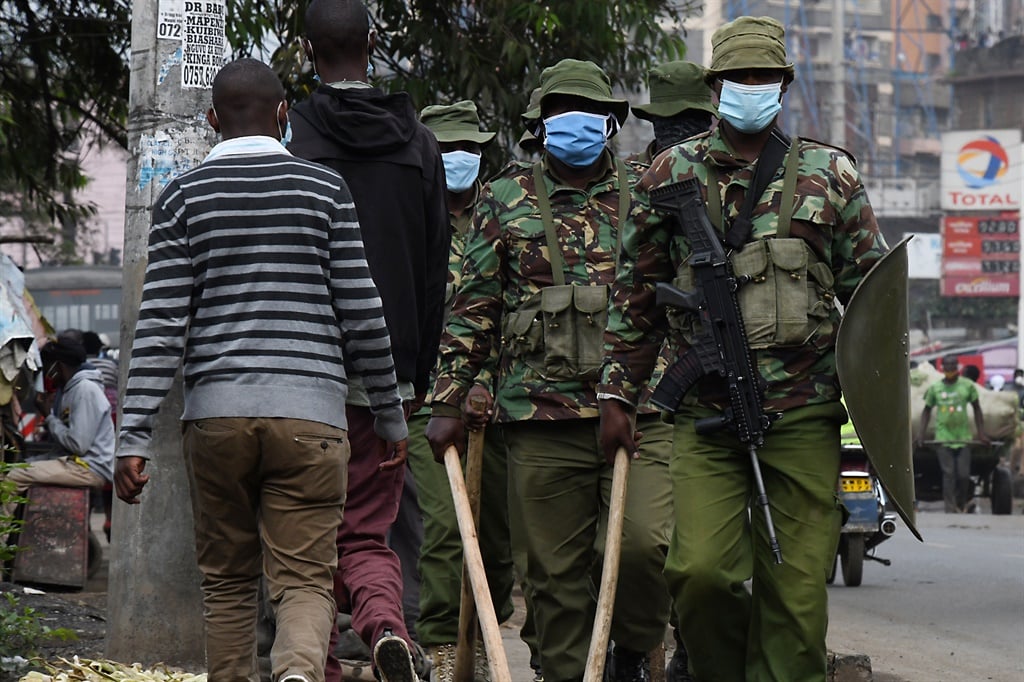 Kenyan police officers patrol in the capital, Nairobi.