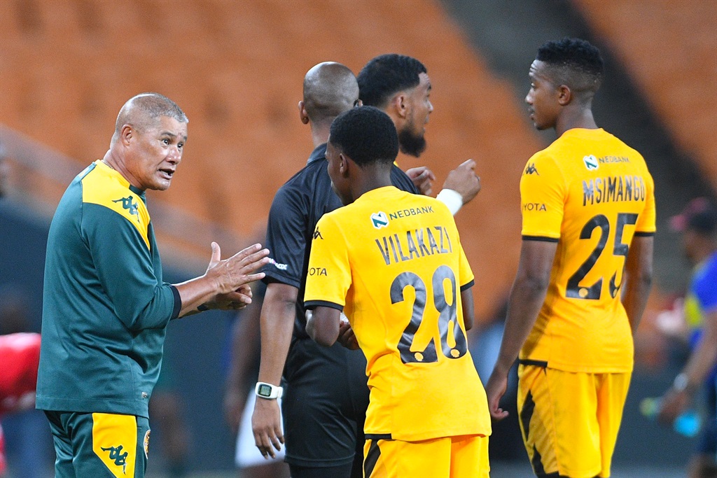 JOHANNESBURG, SOUTH AFRICA - FEBRUARY 25: Kaizer Chiefs coach Cavin Johnson with Mfundo Vilakazi during the Nedbank Cup, Last 32 match between Kaizer Chiefs and Milford FC at FNB Stadium on February 25, 2024 in Johannesburg, South Africa. (Photo by Lefty Shivambu/Gallo Images)