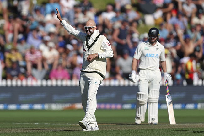 Australia's Nathan Lyon celebrates taking the wicket of New Zealand's Tom Blundell on day two of the first Test at Basin Reserve in Wellington on 1 March 2024. (Photo by Hagen Hopkins/Getty Images)