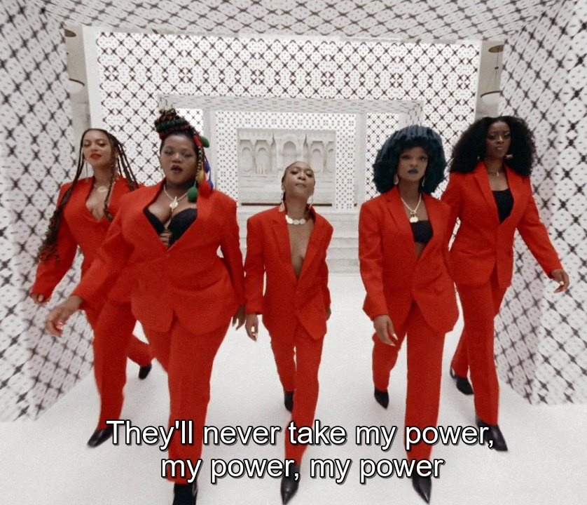 Beyonce' (far left) next to Busiswa and Moonchild Sanelly at the video for 'My Power'.