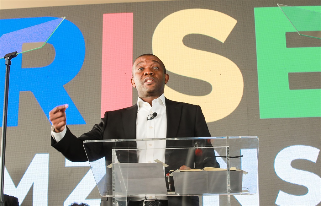 Songezo Zibi (RISE Mzanzi Leader) at the launch of RISE Mzansi  at Constitution Hill on April 19, 2023 in Johannesburg, South Africa. The party is described as a people-driven political alternative to the current South African political landscape.
