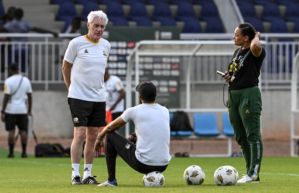 Bafana Bafana head coach Hugo Broos leads a training session at the Auguste Denise stadium in San-Pedro on 29 January 2024, on the eve of the Round of 16 Africa Cup of Nations clash between Morocco and South Africa.  